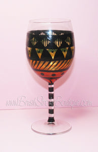 Hand Painted Wine Glass - Aztec Tribal Orange 2 - Original Designs by Cathy Kraemer