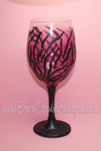Hand Painted Wine Glass - Zebra Glitter - Original Designs by Cathy Kraemer