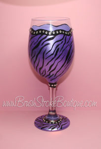 CUSTOM Hand Painted Wine Glass for chi_chi_xoxo - Zebra Bling Purple