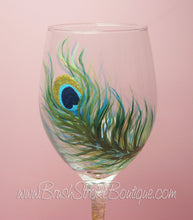 Hand Painted Wine Glass - Peacock Feather Gold - Original Designs by Cathy Kraemer