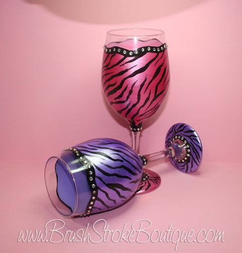 Hand Painted Wine Glass - Zebra Bling Set - Original Designs by Cathy Kraemer