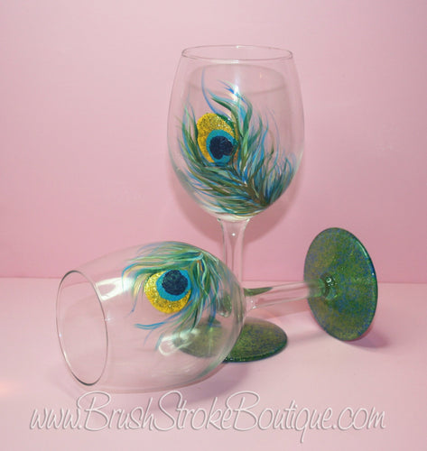 Hand Painted Wine Glass - Peacock Feathers Set - Original Designs by Cathy Kraemer