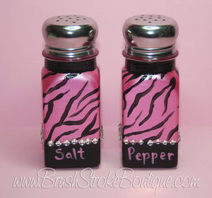 Hand Painted Salt & Pepper Shakers - Pink Zebra Bling - Original Designs by Cathy Kraemer
