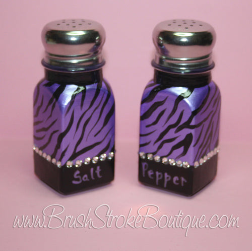 Hand Painted Salt & Pepper Shakers - Purple Zebra Bling - Original Designs by Cathy Kraemer