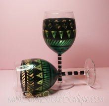 Hand Painted Wine Glass - Aztec Tribal Green - Original Designs by Cathy Kraemer