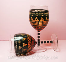 Hand Painted Wine Glass - Aztec Tribal Orange - Original Designs by Cathy Kraemer