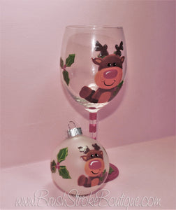 Hand Painted Wine Glass Ornament Set - Cute Lil Reindeer - Original Designs by Cathy Kraemer