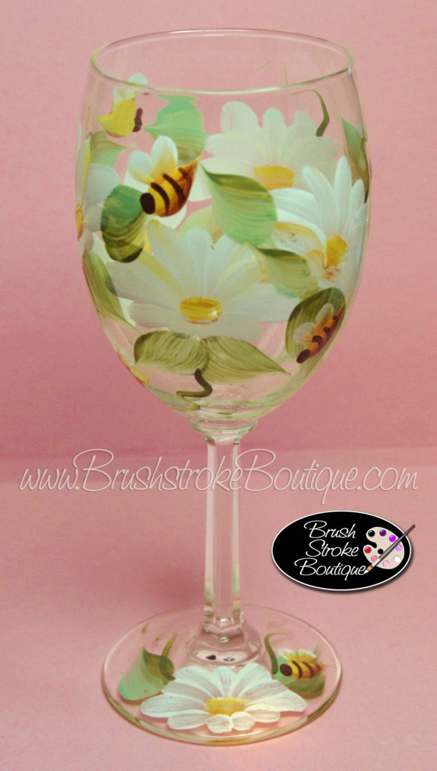 Hand Painted Wine Glass - Daisies and Bees - Original Designs by Cathy Kraemer