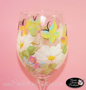 Hand Painted Wine Glass - Butterflies and Daisies - Original Designs by Cathy Kraemer