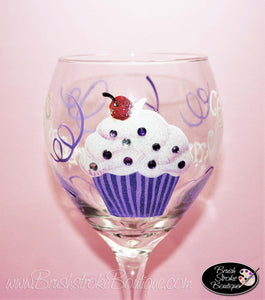 Hand Painted Wine Glass - Blinged Out Cupcake - Original Designs by Cathy Kraemer